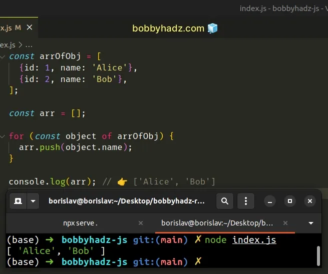 convert array of objects to array of values using for of