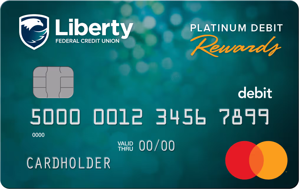A Liberty FCU Platinum Rewards Debit card with a blue background.