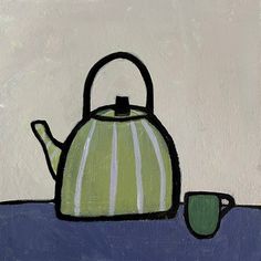 a painting of a green teapot with a cup on a blue table cloth next to it