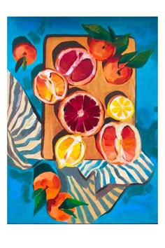 an oil painting of oranges and lemons on a cutting board with striped cloth
