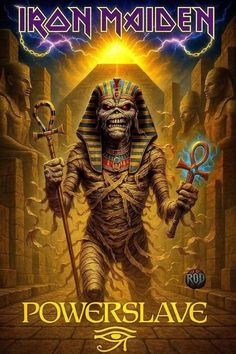 the cover art for iron maiden's new album powerslave, featuring an egyptian pharaoh