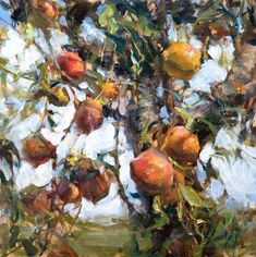 an oil painting of apples growing on a tree