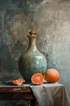 a painting of a vase and two oranges on a table