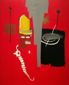 an abstract painting with red, black and white colors