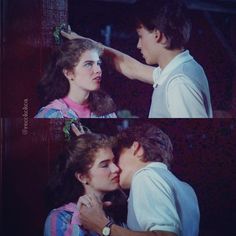 two pictures of a man and woman kissing each other