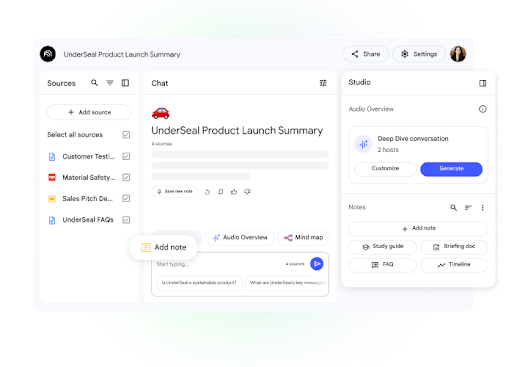 NotebookLM interface with a file summary and audio overview