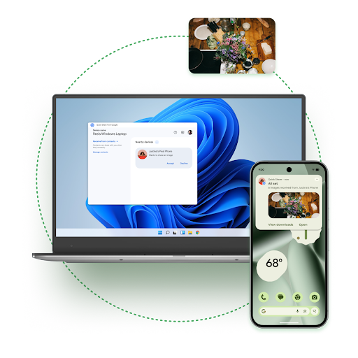 A phone using the Quick Share feature to a send a photo to a Windows laptop.