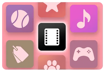 A black square with a movie reel icon is highlighted and surrounded by other colored squares with ball, music note, price tag, paw print, game controller and star icons.
