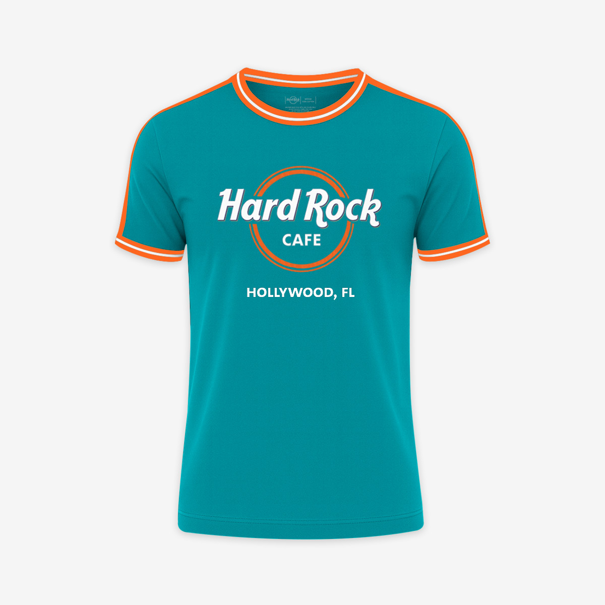 Adult Fit Hollywood FL Ringer Tee in Aqua and Orange image number 1