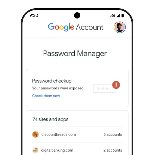 Phone image with password-checkup UI.