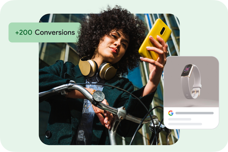 A woman shopping on her phone for a watch while resting on her bike handles.