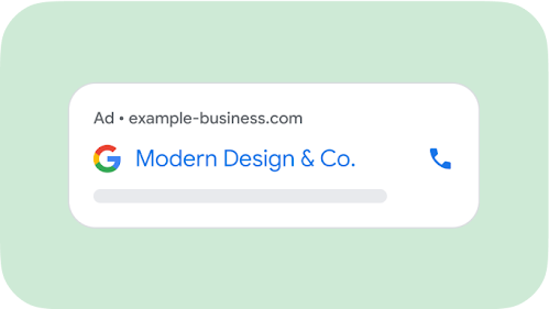 The UI of a paid search result for ‘Modern Design & Co. coming up on Google Ads.