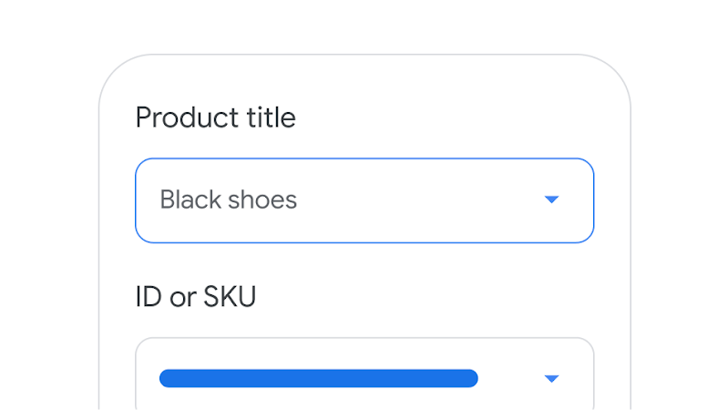 Image of product listing UI with fields for product name and SKU.