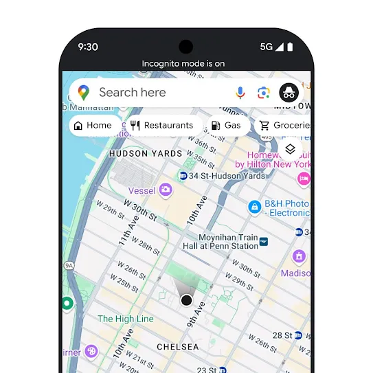 Visual of a smartphone with Google Maps open, with on-screen text showing that Incognito mode is on.