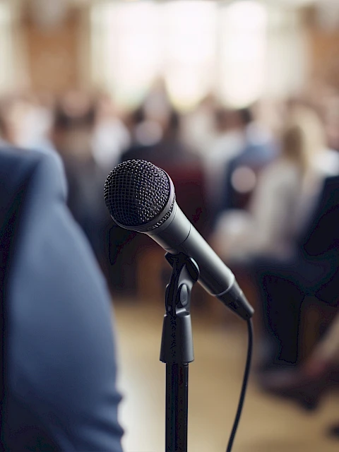 A person stands near a microphone facing an audience in a blurred background, suggesting a presentation or public speaking event.